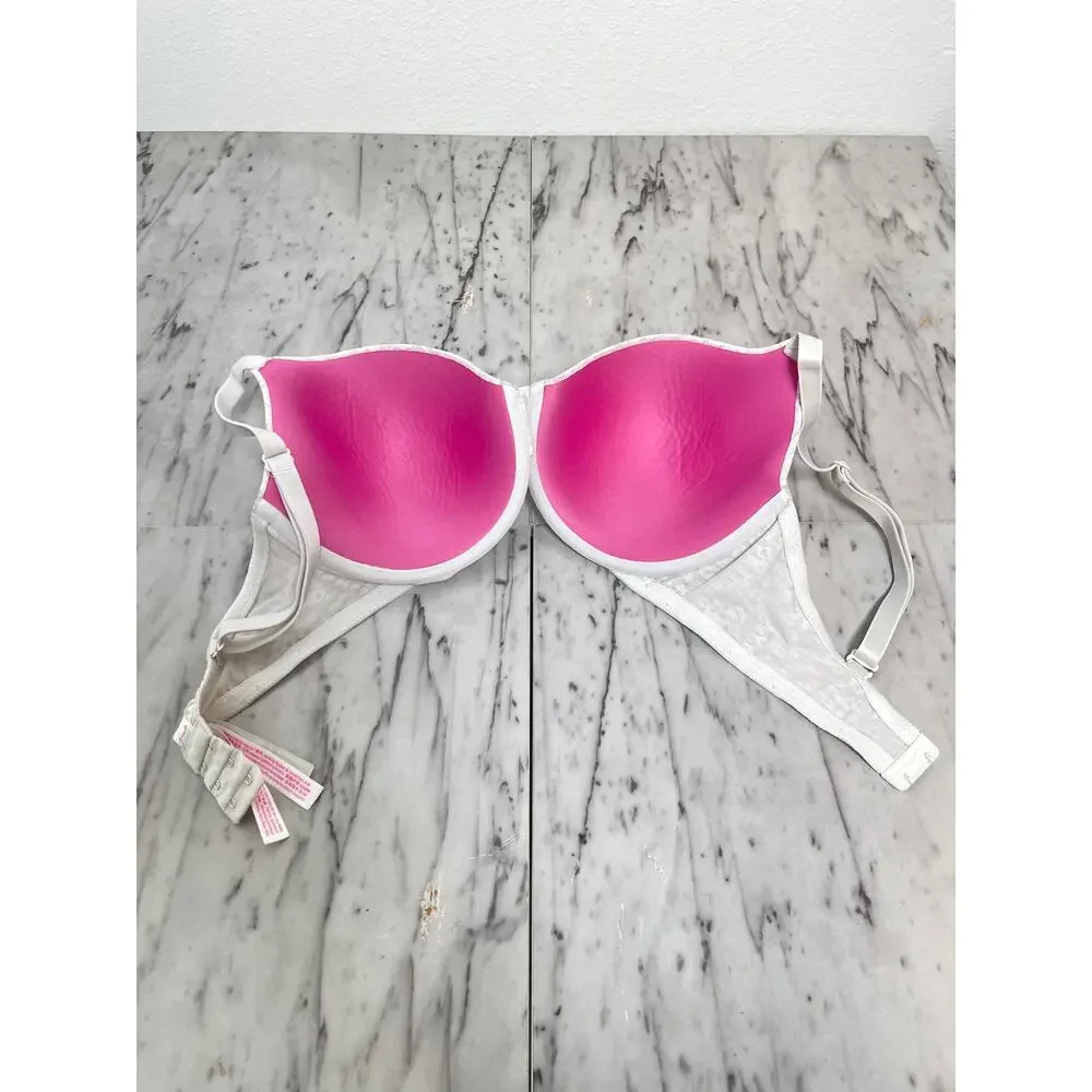 PINK Victoria’s Secret 36DD Bra White Lace Leopard Hot Print  Pink Lining